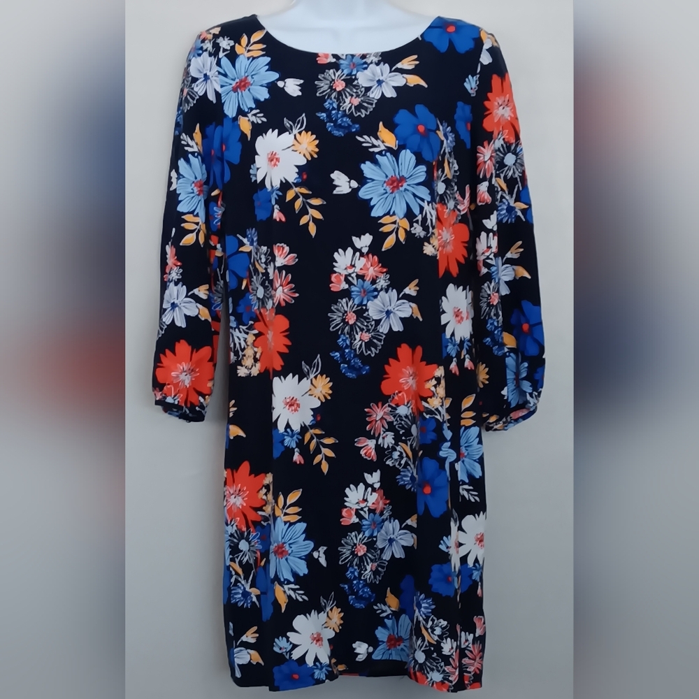 Old Navy Floral Print Women's Mini Dress Navy/Red/Blue 3/4 Sleeves Rayon S Tall